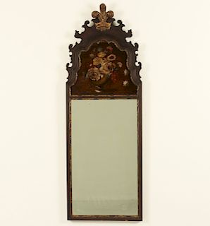 ENGLISH WALNUT MIRROR W/ OIL ON PANEL FLORAL RESERVE