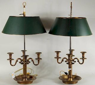 Pair Large Brass Bouillotte Four Light Lamps