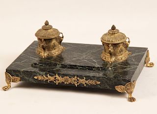 FRENCH REGENCY STYLE BRONZE AND MARBLE INKWELL