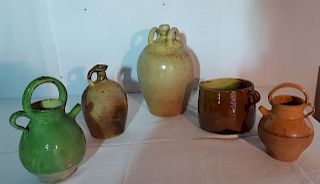 GROUP OF 5 FRENCH TERRA COTTA OIL AND WATER VESSELS