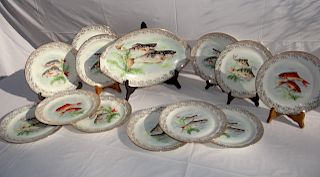 13 PC. FRENCH PORCELAIN GOLD BORDERED FISH SERVICE