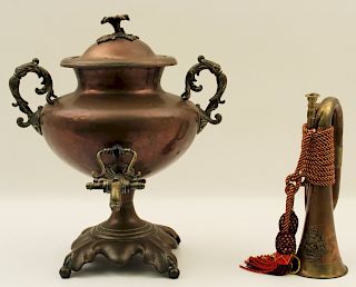 2 PC. MISC. LOT;  COPPER SAMOVAR AND FRENCH HORN