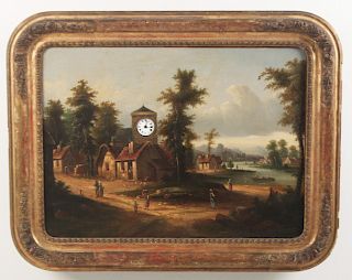 19TH C. O/C PAINTING WITH CLOCK AND MUSIC MECHANISM