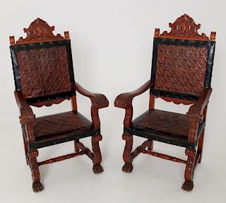 PR. OF EMBOSSED LEATHER RENAISSANCE STYLE CHAIRS