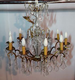 FRENCH 10 LIGHT CRYSTAL AND BRONZE CHANDELIER