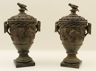 PR. OF FAUX BRONZE CAPPED URNS WITH BIRDS