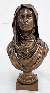 SIGNED 19TH C. FRENCH BRONZE BUST OF VIRGIN MARY 