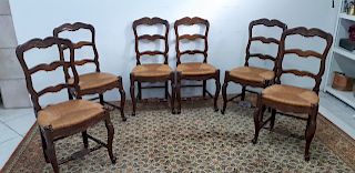SET OF 6 CARVED WALNUT LOUIS XV STYLE RUSH SEAT CHAIRS