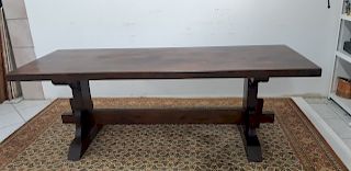 FRENCH STAINED WALNUT TRESTLE STYLE TABLE