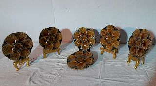 SET OF 6 EARTHY GREEN AND AMBER FAIENCE OYSTER PLATES