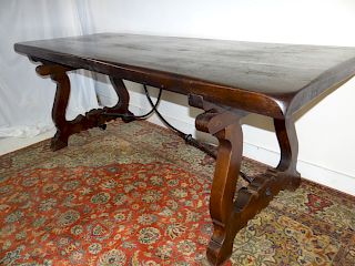 WALNUT DINING TABLE WITH LYRE FORMED PEDESTALS