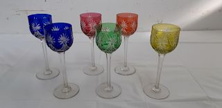 SET OF 6 MULTI-COLORED CUT TO CLEAR STEMMED WINES