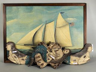 Folk Art Painting Ship w/3 Carved Mermaid Plaques