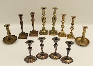 MISC. LOT OF 12 BRASS AND SILVER CANDLESTICKS