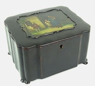 A Shaped Russian Lacquer Box 'Peasants outside an
