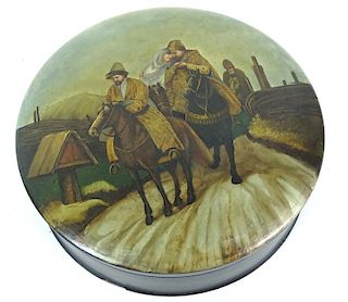 A Russian Lacquer Round Box "Cossacks with the Bri