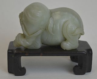 Chinese Carved Jade Elephant Sculpture Wooden Stan