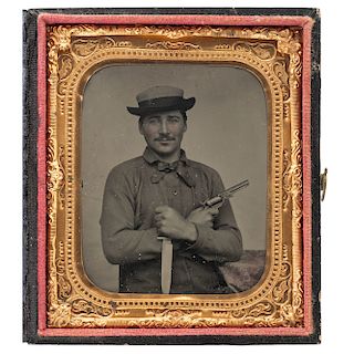 Sixth Plate Tintype of a Double-Armed Dandy Posed with a Colt and Bowie Knife