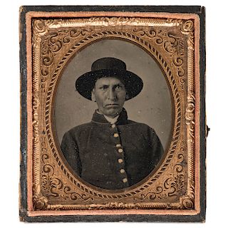 Sixth Plate Tintype of Possible American Indian Private in Federal Uniform