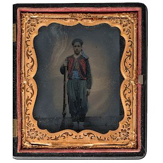 Sixth Plate Civil War Tintype of an Armed Zouave