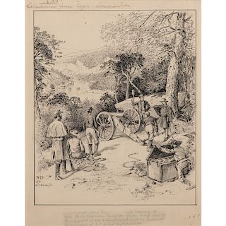 William Ludwell Sheppard, after W.D. Washington, Pen and Ink Sketch Depicting a Detachment from Floyd's Command at Gauley Bridge, WV