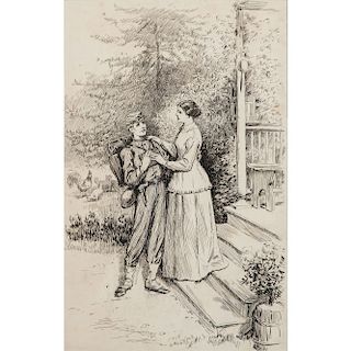 William Ludwell Sheppard, Pen and Ink Sketch Depicting a Mother Bidding Farewell to her Young Soldier