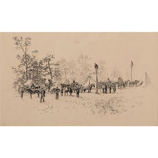 US Military Telegraph Construction Corps, Pen and Ink Sketch by I. Walton Taber After a Photograph by Timothy O'Sullivan