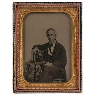 Occupational Half Plate Ambrotype of Photographer Posed with his Daguerreotype Camera