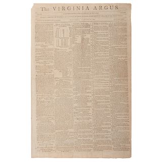 Virginia Argus, Rare 1804 Newspaper Featuring Advertisement for Slavery Auction at the Raleigh Tavern, Williamsburg