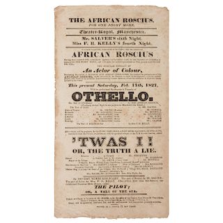 African American Shakespearean Actor Ira Aldridge, "The African Roscius," Broadside for 1827 Performance of Othello