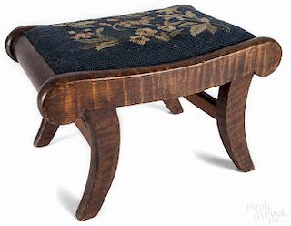 Connecticut Federal tiger maple footstool, ca. 1830, with an upholstered seat, with a leopard