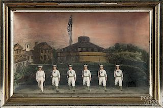 Painted military diorama, ca. 1900, having six marching sailors with a lithograph background