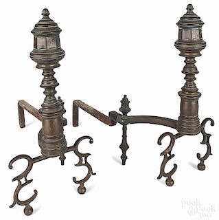 Pair of Federal brass andirons, ca. 1830, inscribed E. Smylie N. York, 21 1/2" h.