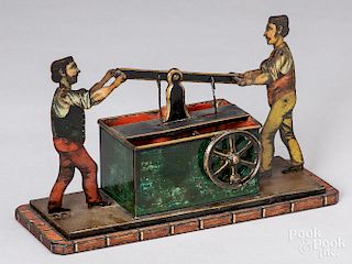 Tin lithograph two men at pump steam toy accessory