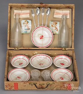 Doll's porcelain and glass picnic set