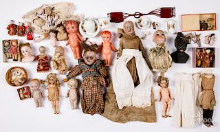Group of dolls and miniature dollhouse accessories
