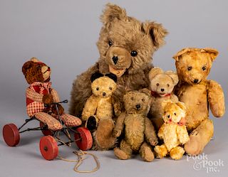 Seven vintage mohair teddy bears