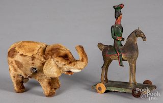 Carved and painted horse and soldier pull toy, etc.