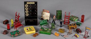Collection of miniature tin railroad accessories