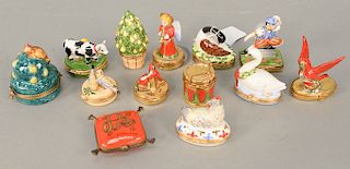 Group of thirteen Limoges France Peint Main trinket figural boxes, 12 Days of Christmas, Partridge Pear & Tree, two Turtle Doves, 3 ...