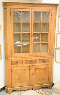 Large two piece tiger maple corner cabinet. ht. 89 1/2 in., wd. 55 in.