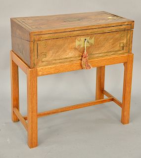 Mahogany lap desk on stand with brass inlays (slight brass inlay lifting). ht. 21 in., top: 10 1/2" x 20"  Provenance: An Estate fro...