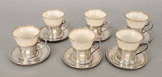 Six sterling silver cups and saucers with Lenox inserts. total ht. 2 1/2 in., 12.6 troy ounces