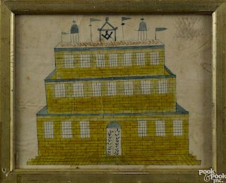 American watercolor drawing of a yellow brick Masonic Hall, early/mid 19th c.