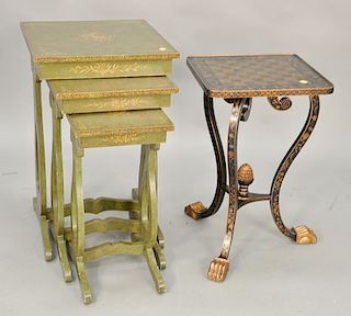 Two paint decorated tables to include Chinese export style black painted and gilt decorated chess table (ht. 26 in., 16" x 16") and ...