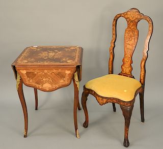 Two piece lot to include marquetry inlaid table with four drop leaves and a marquetry inlaid chair.