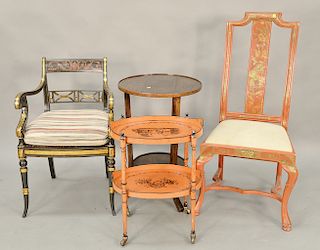 Five piece lot to include a burl armchair, two painted chairs (one arm and one side), two tier tole style cart, and a three tier occ...