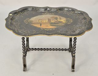 Papier mache tray with hand painted scene Brayton Manor, seat of Sir R Peel on stand (small holes). top: 24 1/4" x 31" Provenance: F...