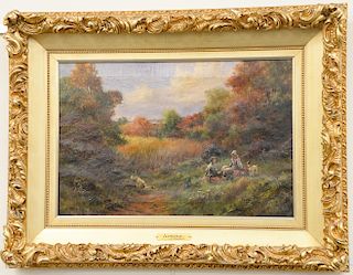 J. Hughes, oil on canvas, Autumn, signed lower left J. Hughes, in Victorian gilt frame. 15 1/2" x 23 1/2" Provenance: From the Estat...
