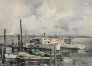 Betty Lou Schlemm (b. 1934), watercolor, "Coming Rain" Rockport Harbor, signed lower right: Schlemm, having Newspaper Article on rev...